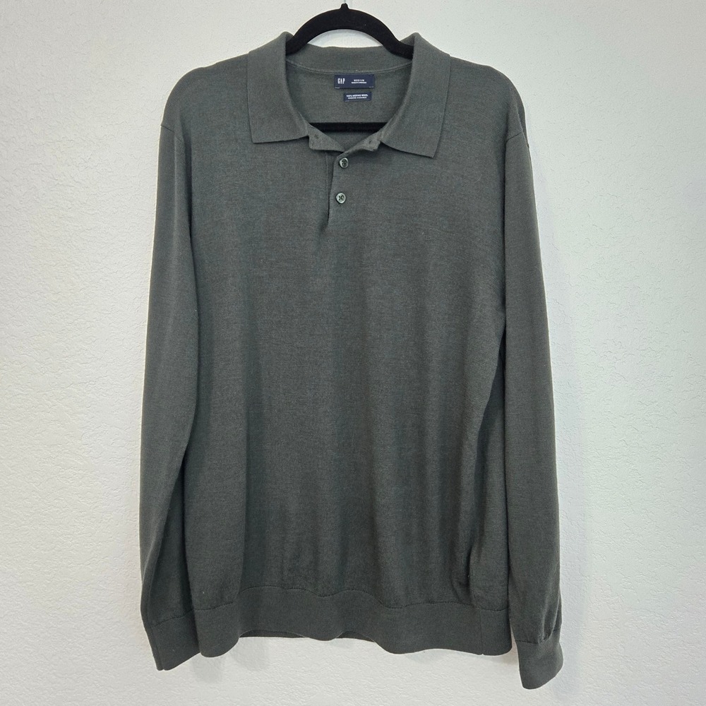 GAP Men's Merino Wool Long Sleeve Polo Shirt Dark Green Size Medium